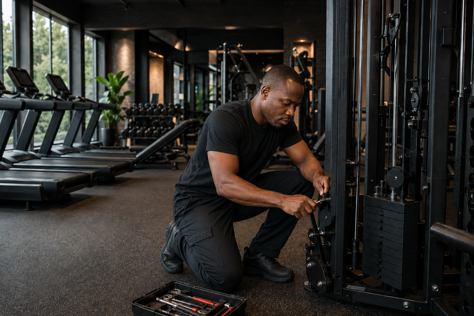 Gym equipment technician servicing commercial fitness equipment